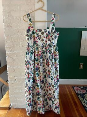 Boden White Floral Dress with Green, Navy & Pink Accents